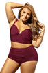 Burgundy Seamed Bikini Top Ruched High Waist Bottom Plus Swimwear
